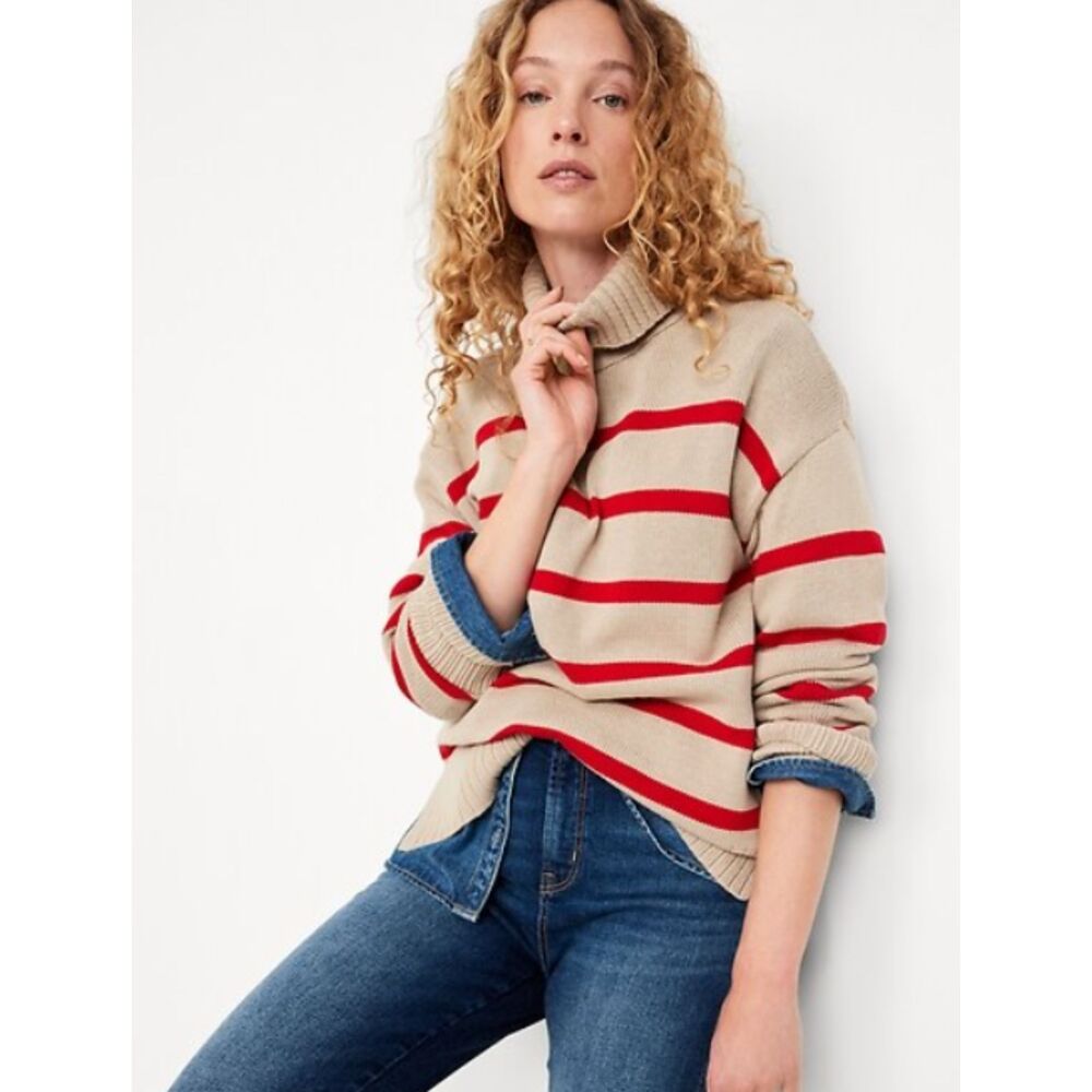 Old Navy Turtleneck Sweater M Women's Beige Red Striped Long Sleeve Tunic